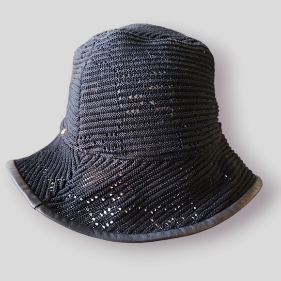 NWOT Gucci Knit Black Cotton Woven Leather Trim Bucket Hat Sz. S/56cm - Picture 4 of 7